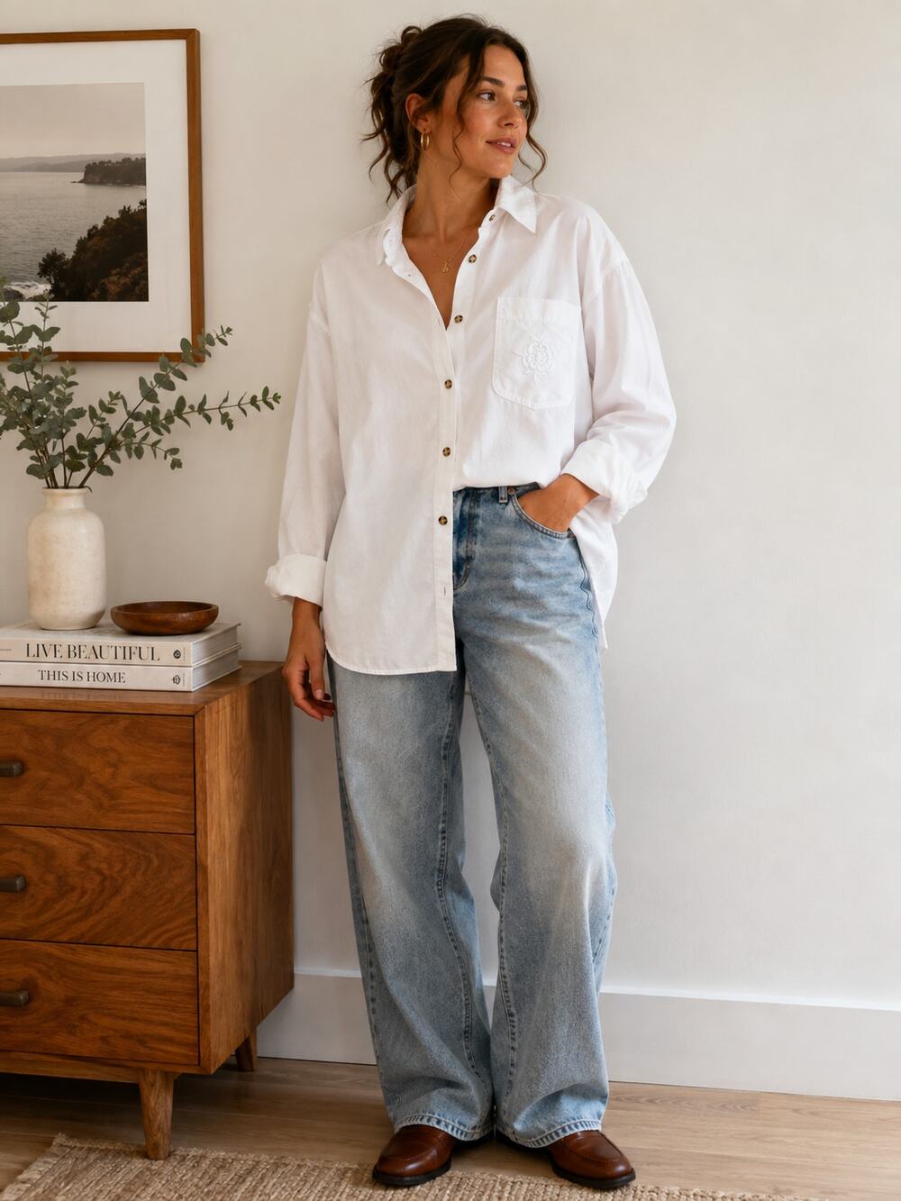 Vintage Cristina White Embroidered Button Up Shirt Relaxed Oversized Blouse ✨